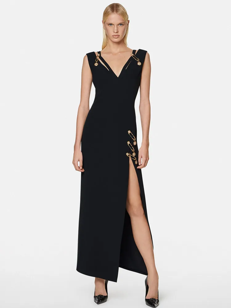 2022 Summer Women Black Punk Style Prom Gowns Sleeveless V Neck Split Long Bandage Dress Celebrity Evening Party Going Out Dress