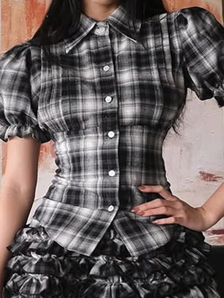 Chic Ladies Puff Sleeve Plaid Blouses