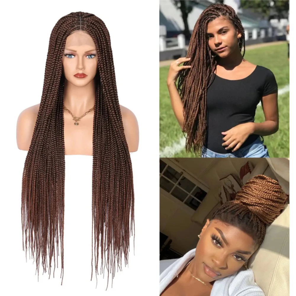 

Ombre Brown Full Lace Front Knotless Braided Wigs Criss Cross Box Braid Hair Synthetic Wig With Baby Hair For Black Women