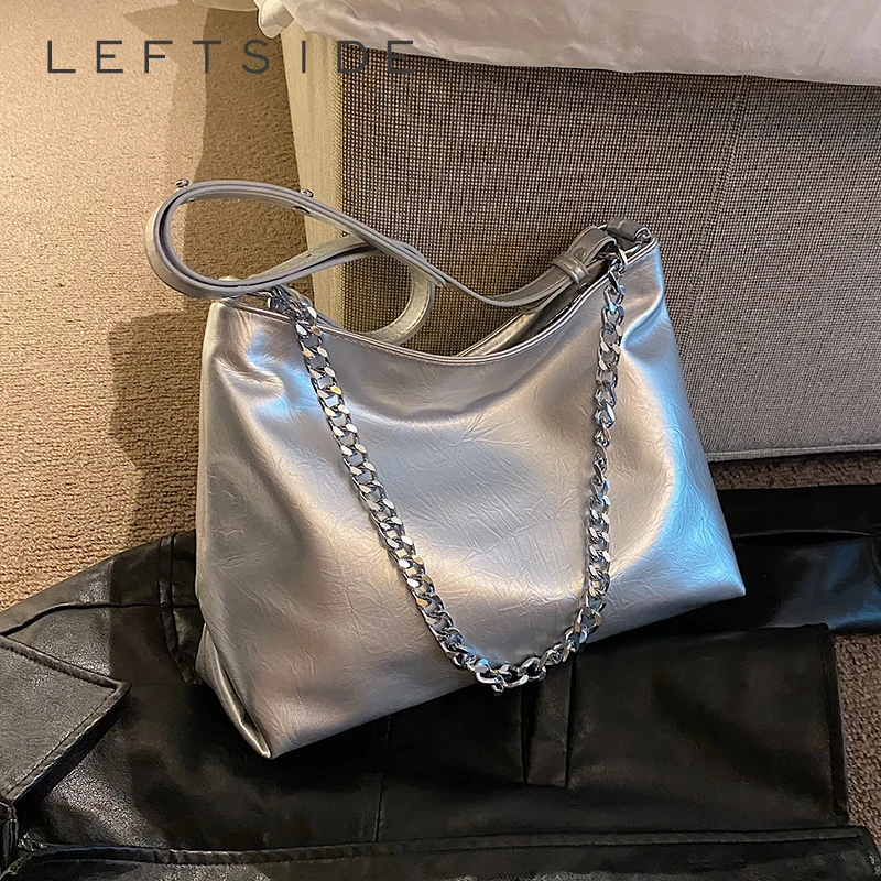 

LEFTSIDE Retro Silver Pu Leather Underarm Bags for Women 2024 Y2K Korean Fashion Female Chain Shoulder Bag Solid Color Handbags