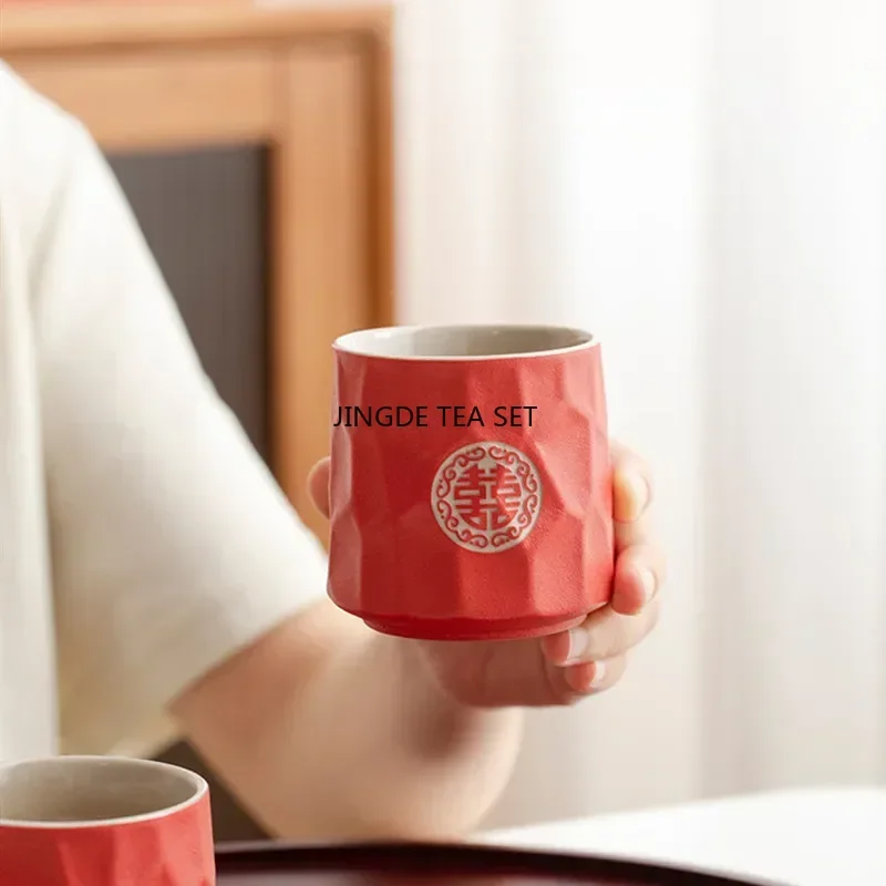 High end Chinese ceramic tea set red handmade tea cup bamboo tray home wedding tea set holiday gift