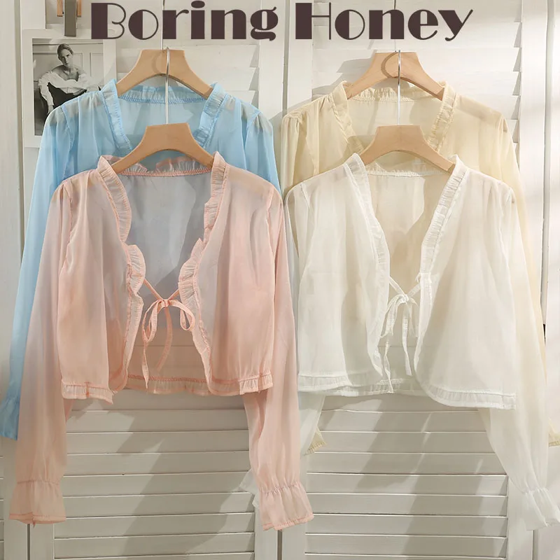 

Boring Honey Korean Style T Shirt Bowknot Lace-Up Cardigan Women Clothes Thin Clothes Sunscreen Bell-Bottomed Short Tops Women