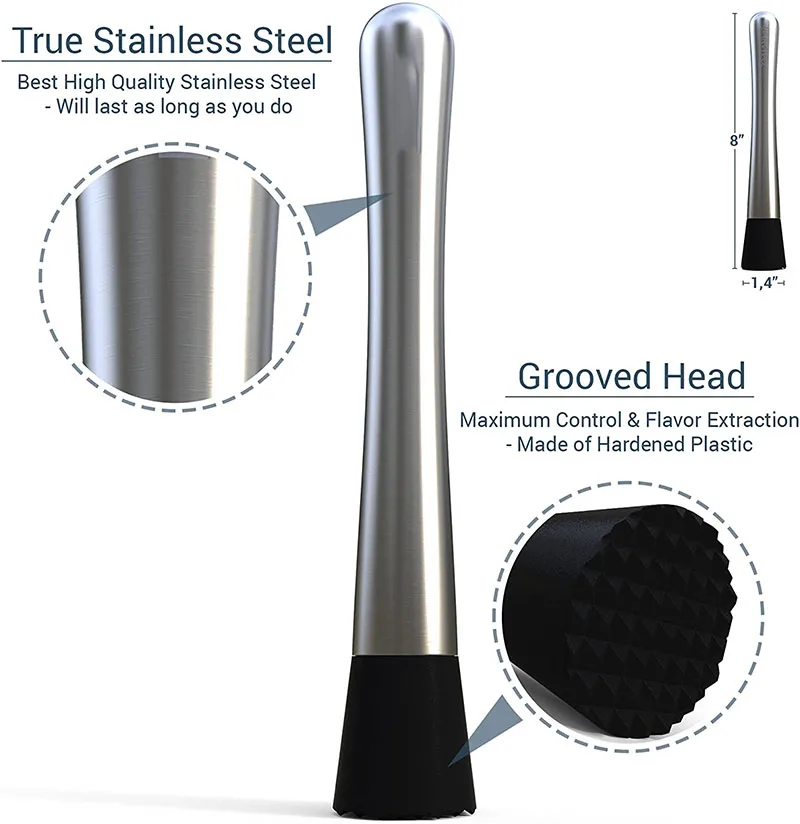 Stainless Steel Cocktail Drink Muddler - The Best Bar Tool for Old Fashioned & Mojito Stainless Steel w/ Grooved Nylon Head images - 6