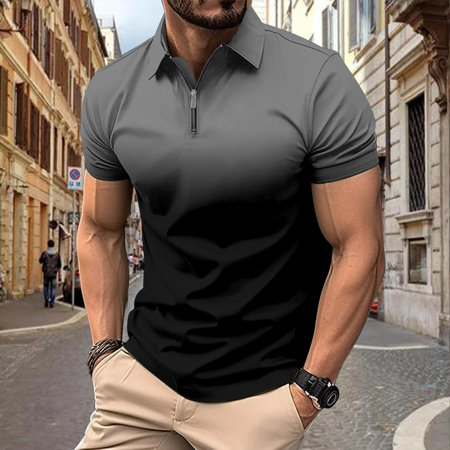 Fashionable mens summer striped T-shirt color blocked 3D digital printing zipper polo shirt business casuallapelshortsleevedpolo 8 S39e4dbc4c028482385ccd36644749ad4R