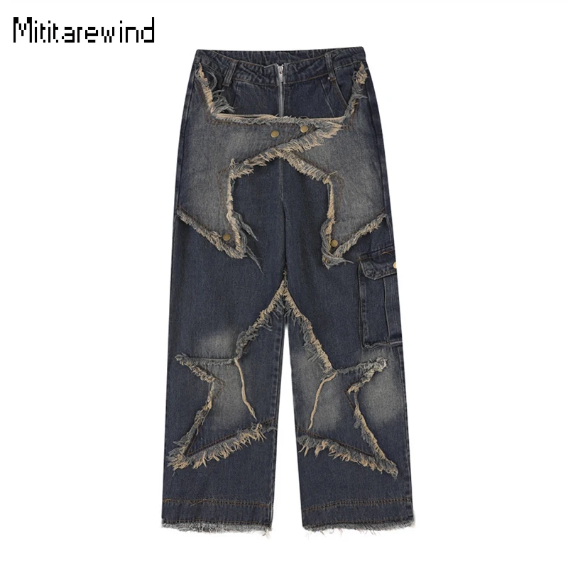 

Patch Star Straight Jeans Men Four Seasons High Street Personality Raw Edge Wide-leg Pant Y2k Streetwear Youth Baggy Trend Jeans