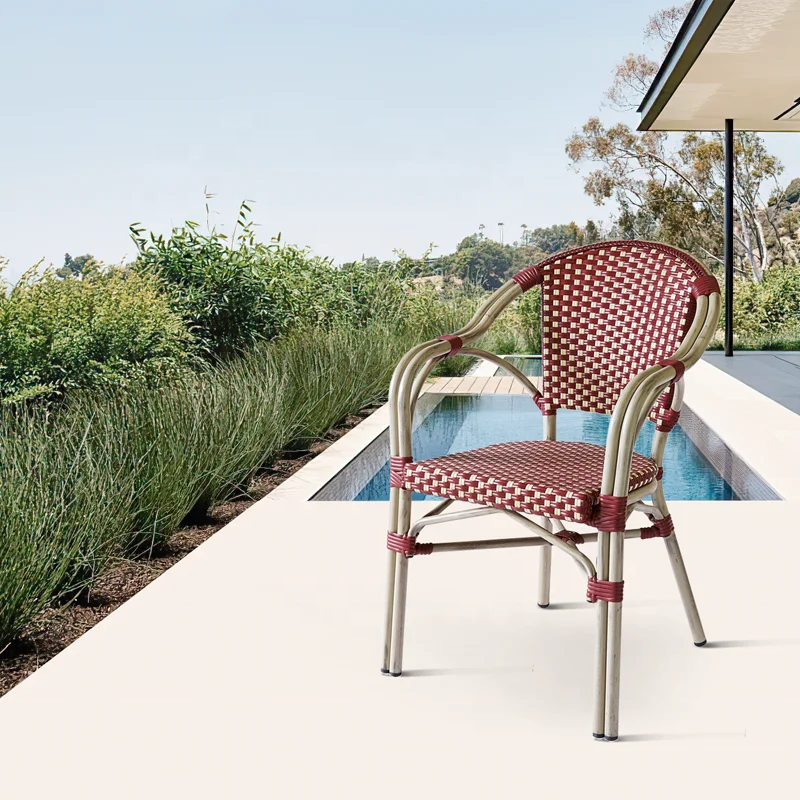 Stackable French Red Patio Cafe Wicker Dining Armchairs Furniture Outdoor Garden Aluminum Rattan Bistro Chairs