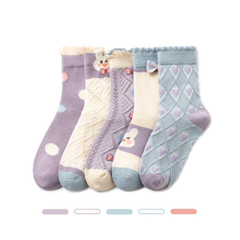 5 Pairs/Lot Cute Rabbit Bow Children Socks Summer Breathable Mesh Girls Middle Tube Socks Kids Casual Cotton Socks 6
