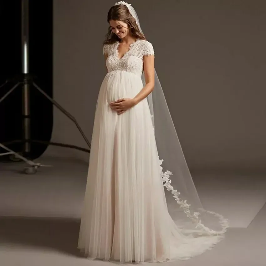 

Long Wedding Dress Pregnant Woman Open Back V-Neck Elegant Plus Size Bridal Gown Cap Sleeve Lace Tulle robe de mariée Custom