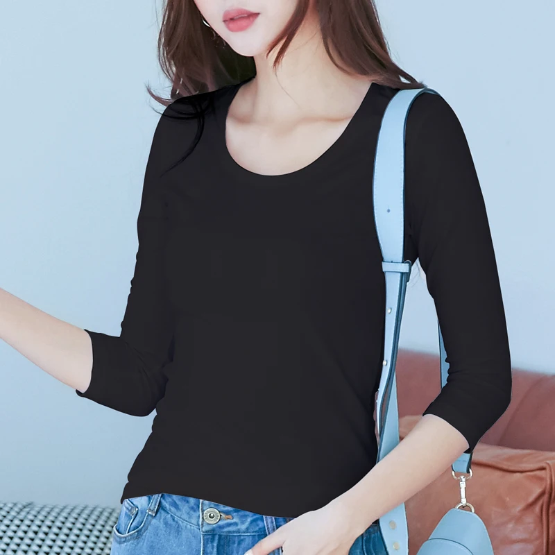 3/4 Sleeve T Shirt 96% Cotton & 4% Spandex Quality Women Spring Summer Top Slim Fit White Black O Neck Tees Casual Base Shirts 6