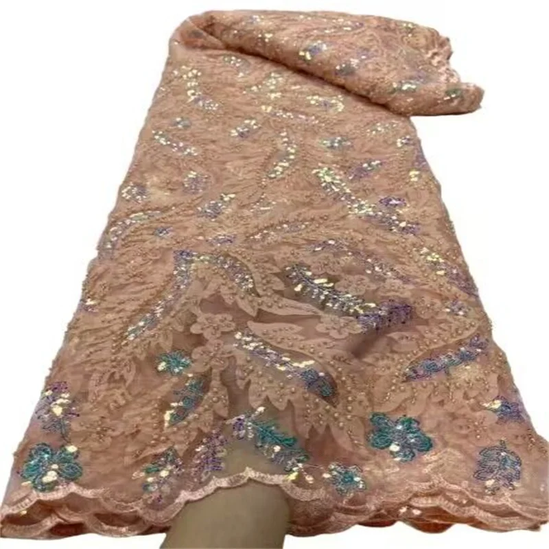 

Luxury 3D Lace Fabric 5 Yards Dubai Hand Beaded Tulle Lace Fabric Embroidered Applique African Fabric For Sewing Material Pink