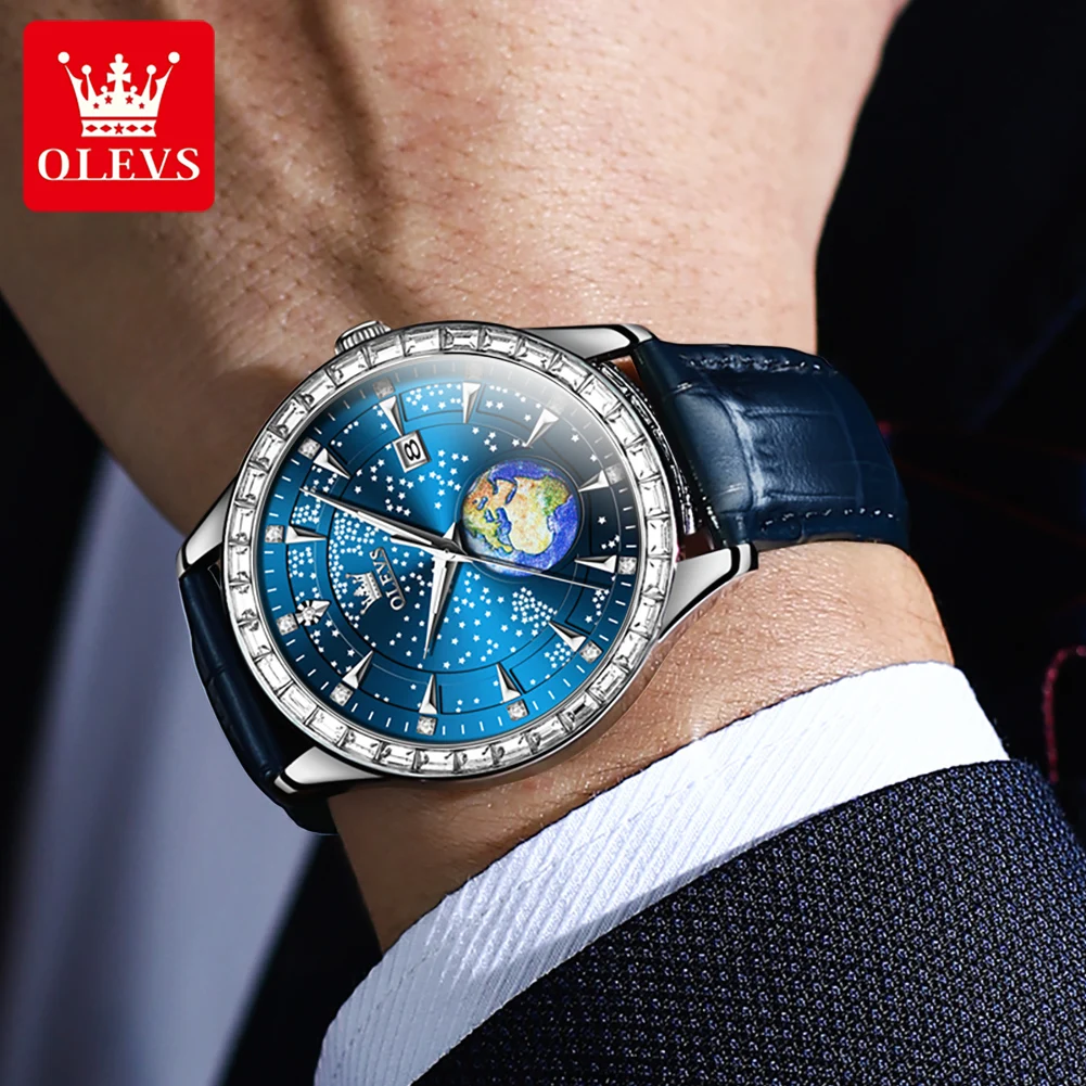OLEVS 9967 Quartz Watch for Men Luxury Original Diamond Earth Sky Design Mens Watches Stainless Steel Waterproof Wristwatch Gift