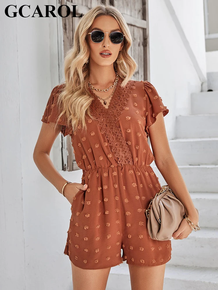 

GCAROL Women V Neck Hook Flower Hollow Playsuit Small Wool Ball Elastic Waist Casual Classic Streetwear Spring Summer Rompers