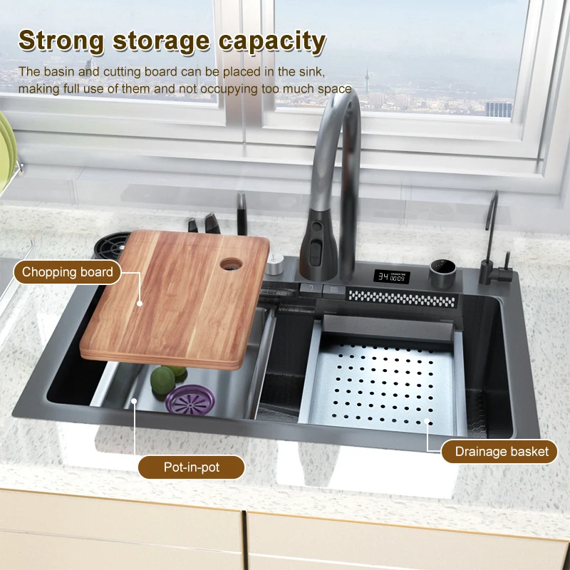 Stainless Steel Kitchen Sink Embossed Digital Display Waterfall Sink  Large Single Slot Household Dishwashing Basin