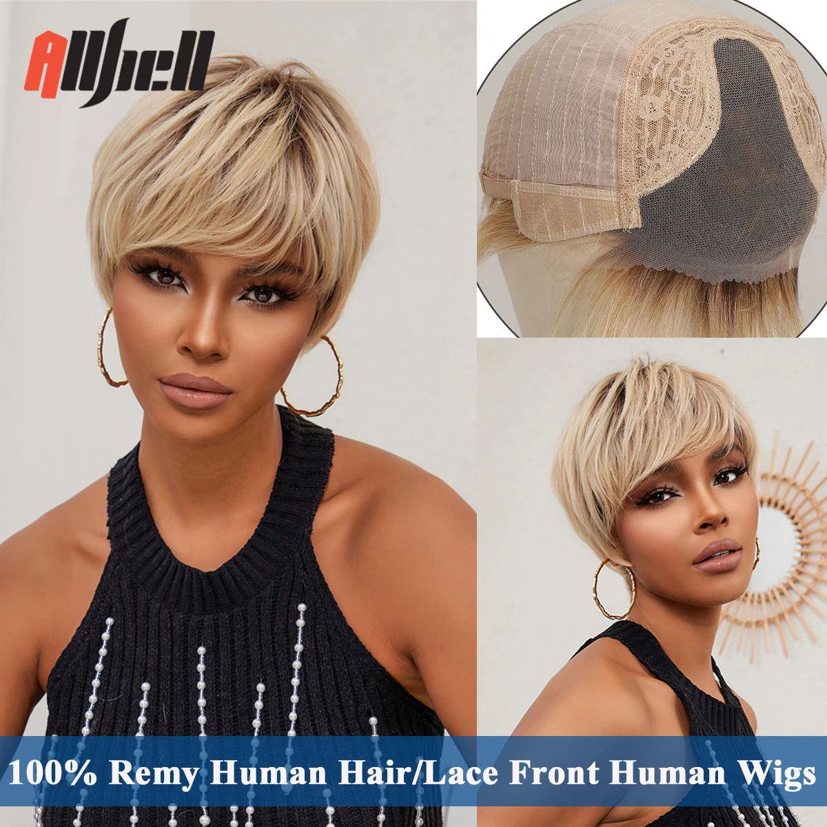 Blonde Highlight Lace Front Human Hair Wigs for Black Women Short Pixie Cut Wig With Bangs Natural Straight 100% Remy Human Hair
