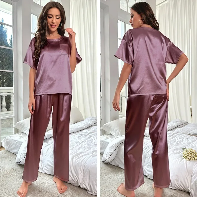 Pajama Sets Women's Satin Autumn Short Sleeve Top Long Pants Sleepwear 2 Piece Set Casual Home Loose