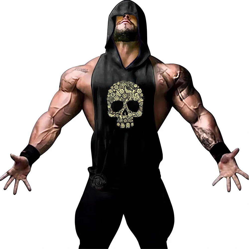 Men's Tops 2D Skull Print hooded vest Men's bodybuilding Clothing Gym Clothing Men's Outdoor Sports hooded vest Summer