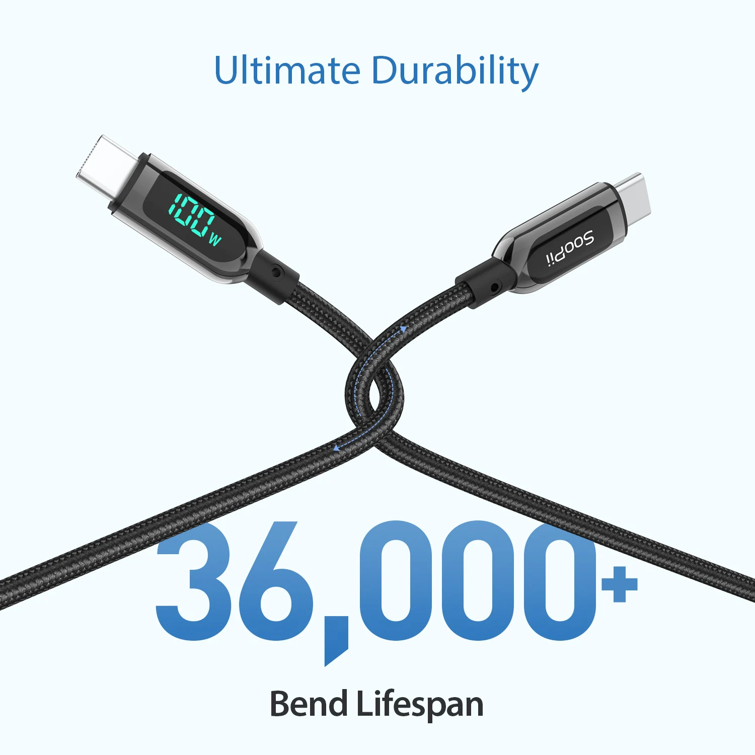 Soopii 100w 5a tipo c Cabo Display Led Usb c para Usb c Cabo de Carregamento Rápido para Telefones Inteligentes Macbook Tipo-c Cabo de Carregamento - Image 2