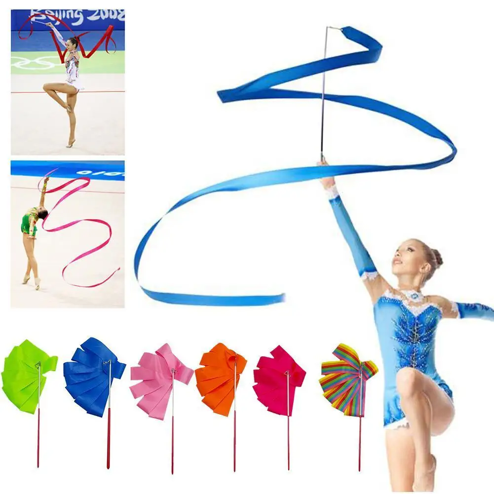 2M/4M Colorful Rythmic Gymnastics Ribbon Dance Ribbon Rhythmic Twirling Gymnastic Rod Ballet Training Streamer Art Stick W2H5 gymnastics ribbon gymnastics streamer rod