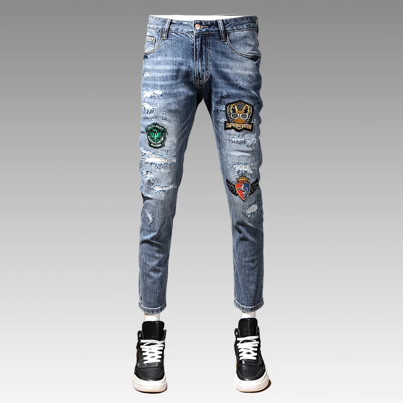 Streetwear Fashion Men Jeans Retro Blue Elastic Stretch Skinny Fit Broken Ripped Jeans Men Patches Designer Hip Hop Pants Hombre mens jeans classic no ripped denim pants men biker skinny jean blue hip hop comfortable stretch trousers 2022 streetwear