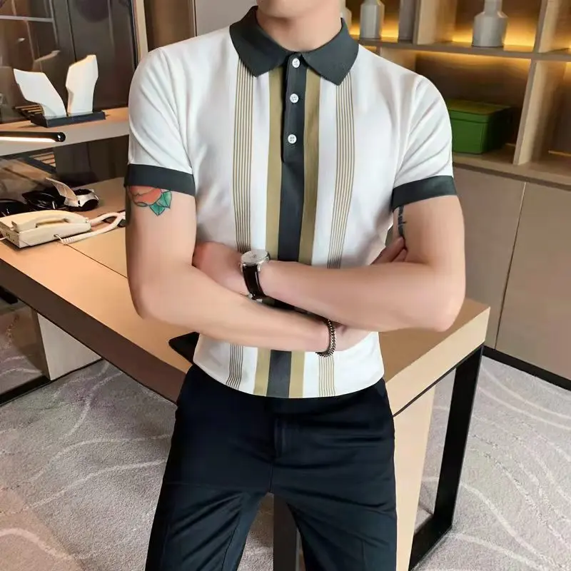 New Stripe Men Summer Shirt Hot White Print Knit Cotton Short Sleeve Tops Casual Daily Chic Luxury Tees Shirts Male Clothing