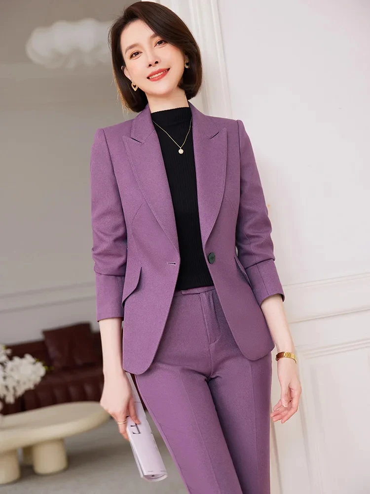 

High Quality Formal Women 2 Piece Pants Suit Autumn Winter Purple Red Professional Office Lady Business Suits Trouser And Blazer