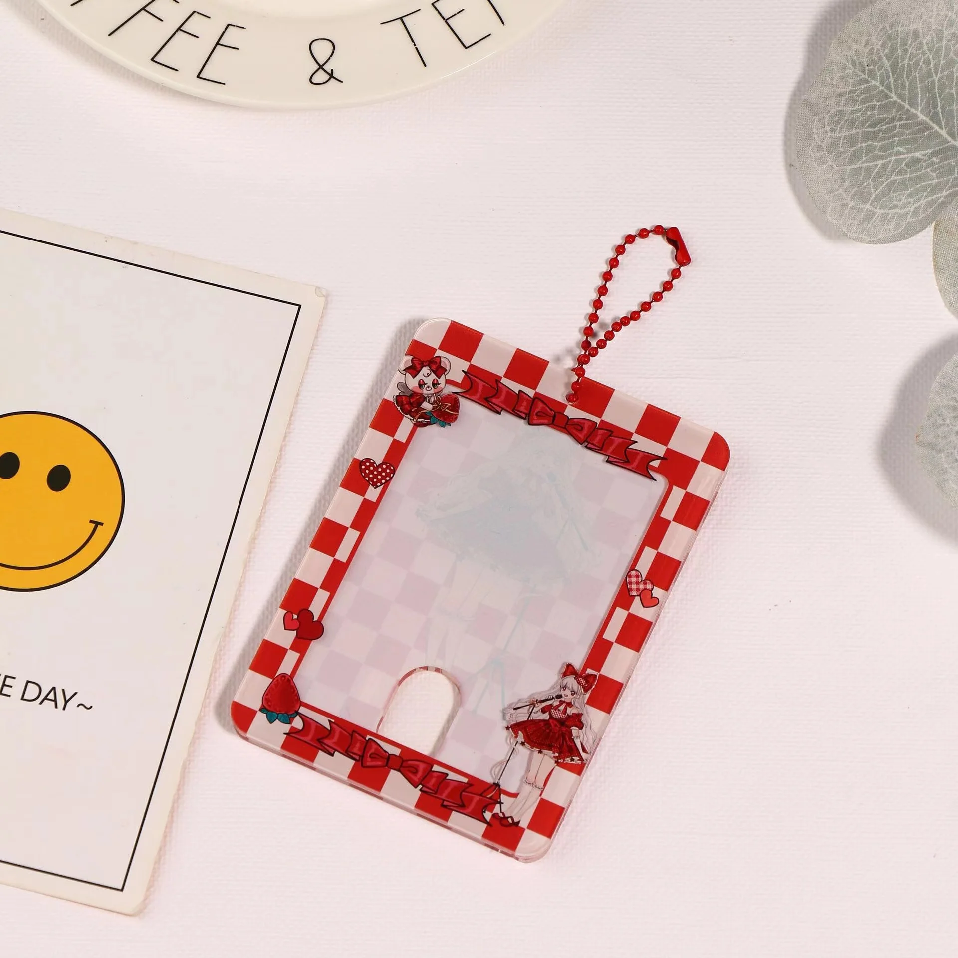 Kawaii checkerboard Bear Acrylic Photocard Holder Postcards Protective Case Photo Sleeves 3 inch Kpop Decoration Bag Pendant