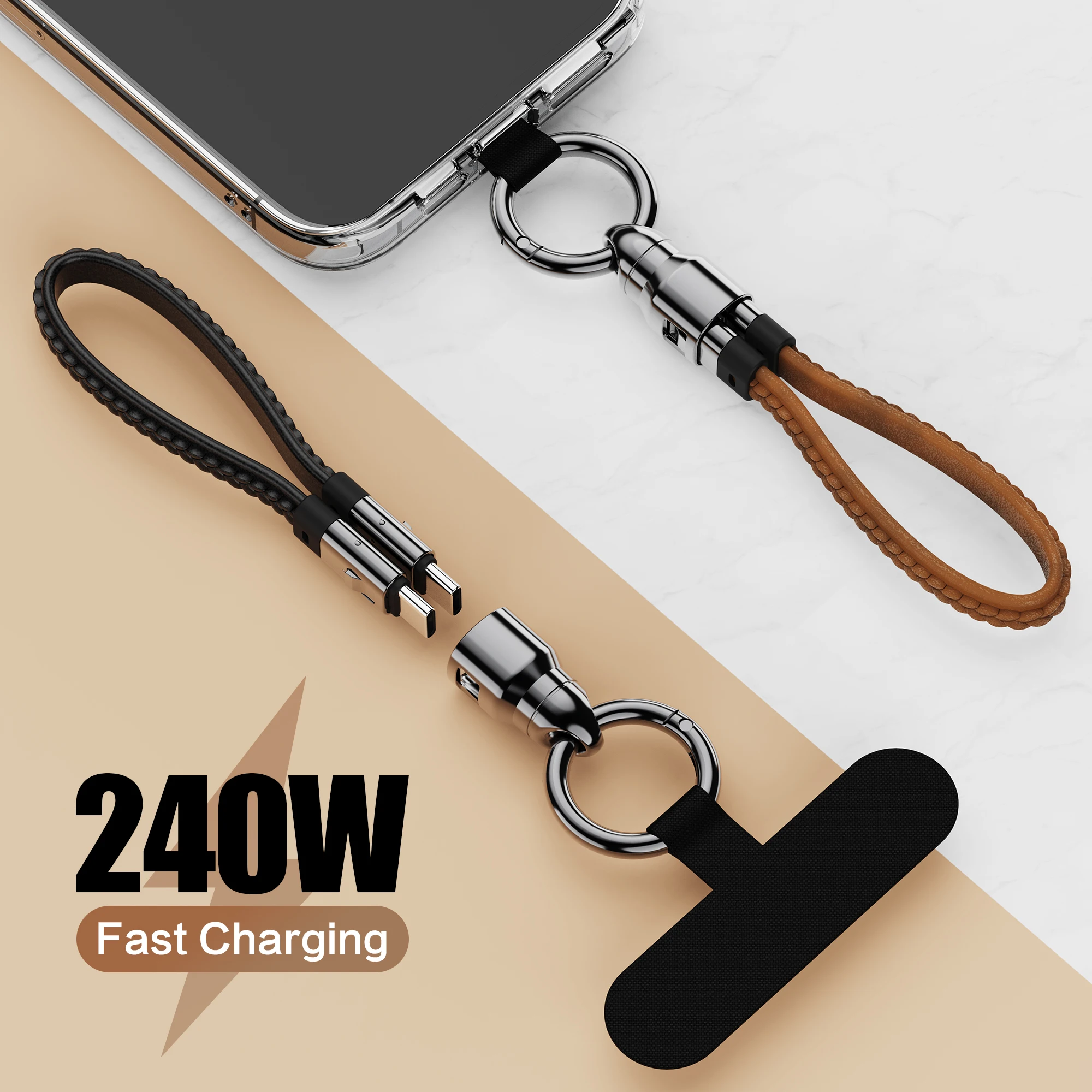 Cable de carga rápida PD de 240W, llavero portátil, Cable USB C, cordón de cuero liso, abalorio para teléfono para viaje, iPhone, Samsung y portátil
