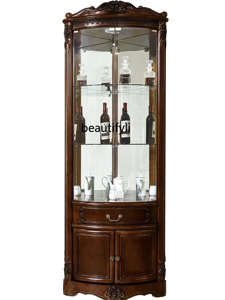 

American Living Room Corner Cabinet Curved Glass Door Solid Wood Corner Cabinet Wine Cabinet Triangle