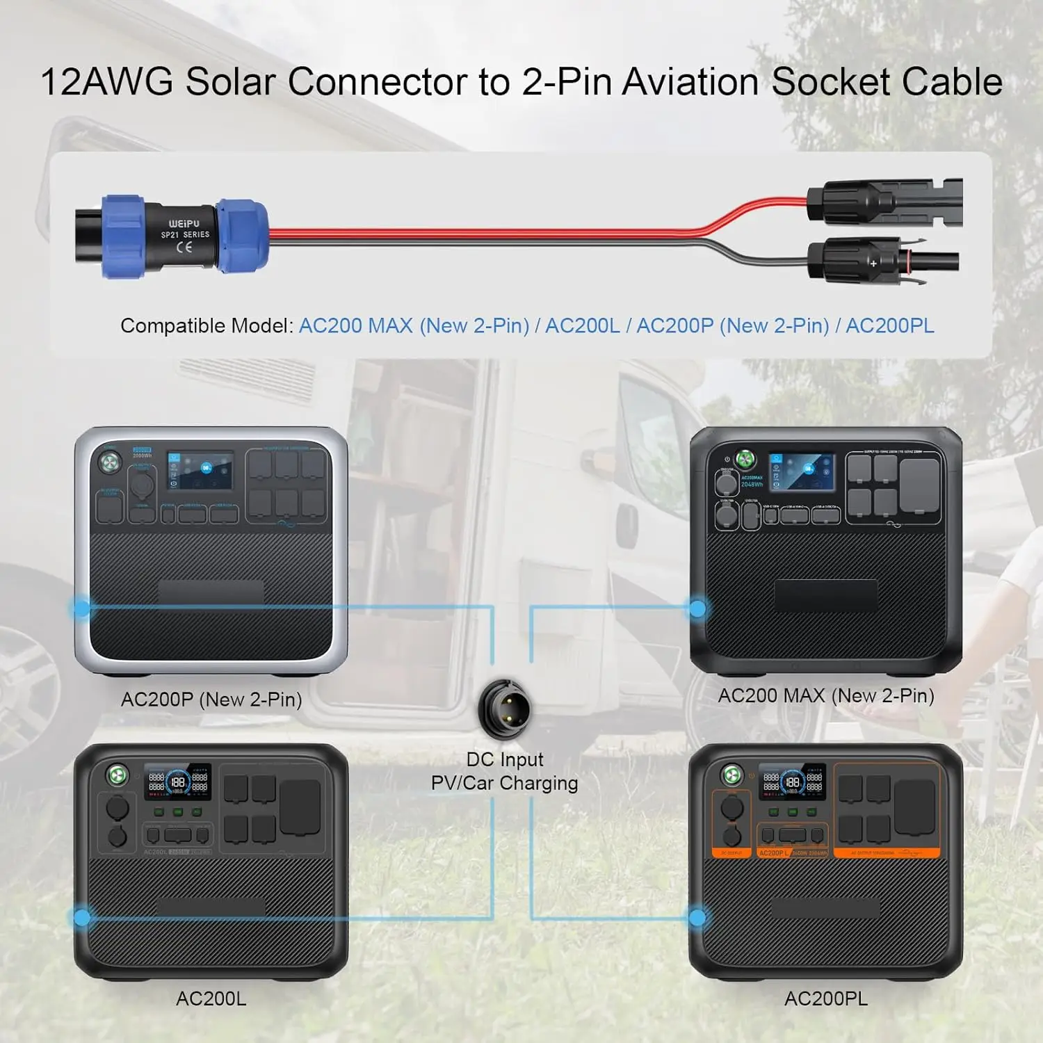 항공 플러그-태양광 패널 케이블, 12AWG 2FT 태양광-항공 커넥터 12V/30A 휴대용 발전소 AC200MA와 호환 가능