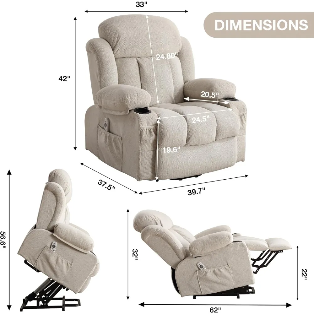 Electric Power Lift Recliner Chair for Elderly with Massage, Heating, USB Port - Oversized Sofa