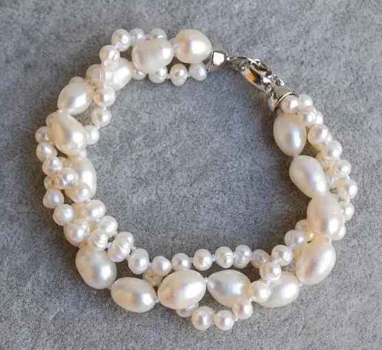

Unique Design AA 5-9mm 3Rows White Rice Freshwater Pearl Bracelet,Wedding Birthday Happiness Charming Lady Gift