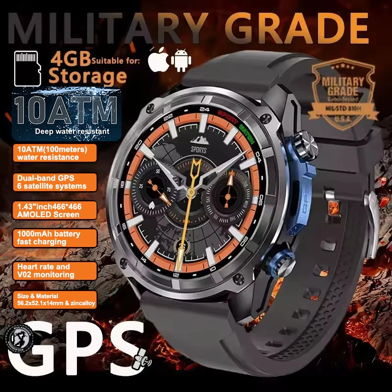 New Military Men Accuracy GPS Smart Watch Altimeter 10ATM Waterproof 1000mAh Battery Bluetooth Call 4GB Memory Adult Smartwatch_voghion.com