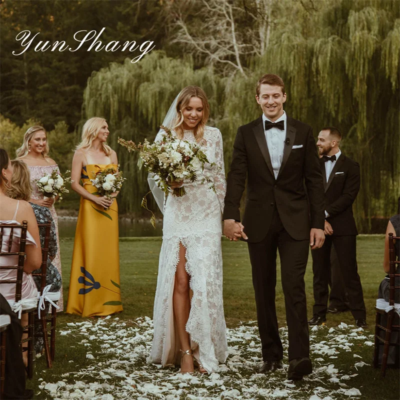 

Yunshang Luxury Mermaid Wedding Dress Women Boho Lace Open Back Long Sleeve Side Split Bridal Gown Sweep Train Vestido De Novia