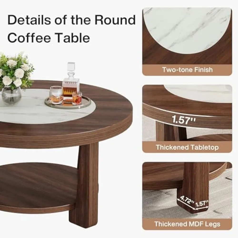 Coffee Table, 2-Tier Round Coffee Table with Heavy-Duty Wood Tabletop for Living Room,Circle Wood Accent Center Table 5