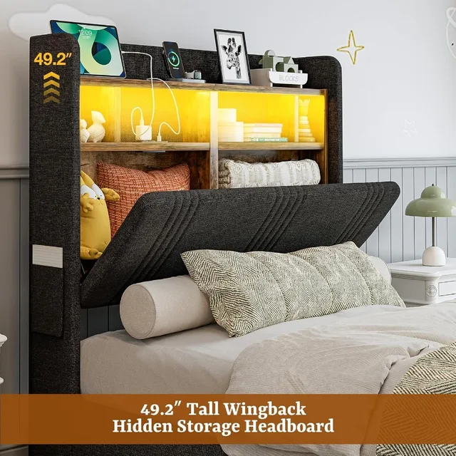 Twin XL Bed Frame with Storage & LED Headboard 4