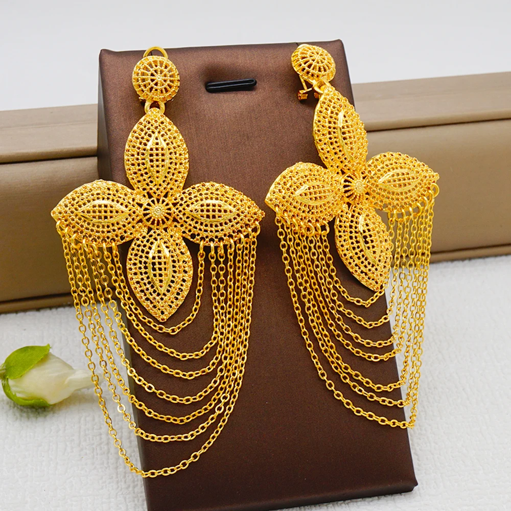 Bohemia Long Tassels Earrings African Dubai Gold Color Drop Earrings For Women Pendant Stud Earrings Wedding Jewellery Gifts