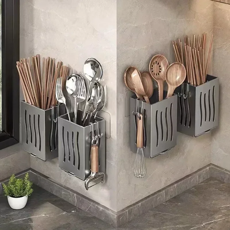 Multifunctional Kitchen Utensil Storage Rack Chopstick Draining Holder Wall-Mounted Freestanding Cutlery Tableware Organizer Box 3
