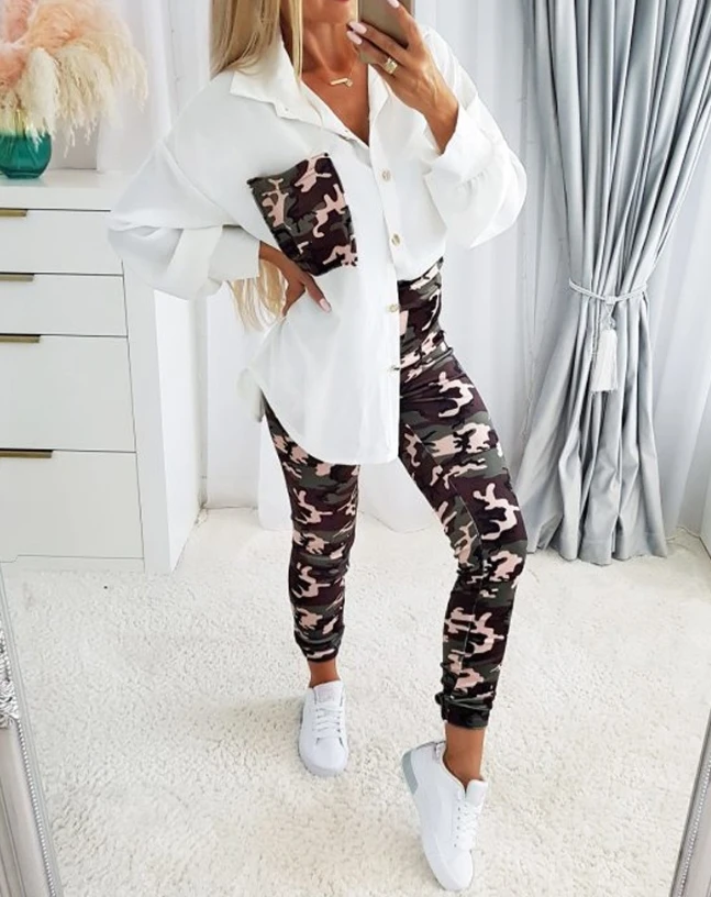 Two Piece Set Women Outfit Spring Fashion Camouflage Print Pocket Design Turn-Down Collar Long Sleeve Shirt & Daily Pants Set