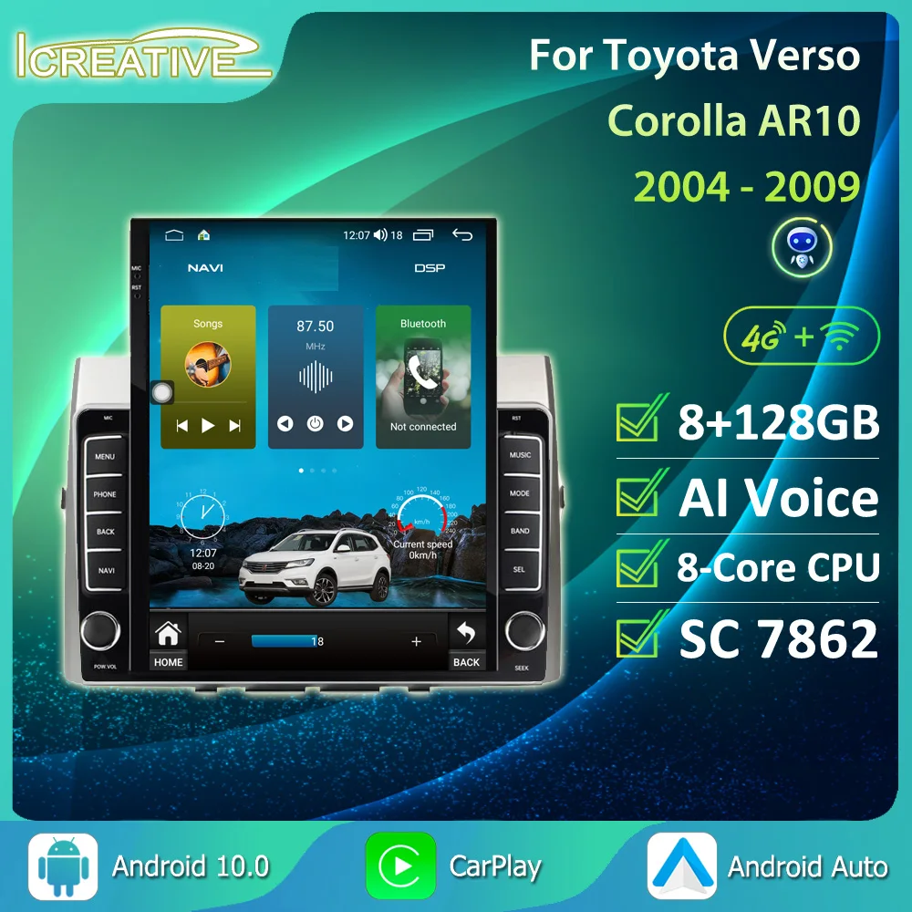Ips Android 10 Autoradio Per Toyota Verso Corolla Ar10 2004-2009 Lettore Multimediale Auto Carplay Stereo Head Unit Hu Audio Tesla