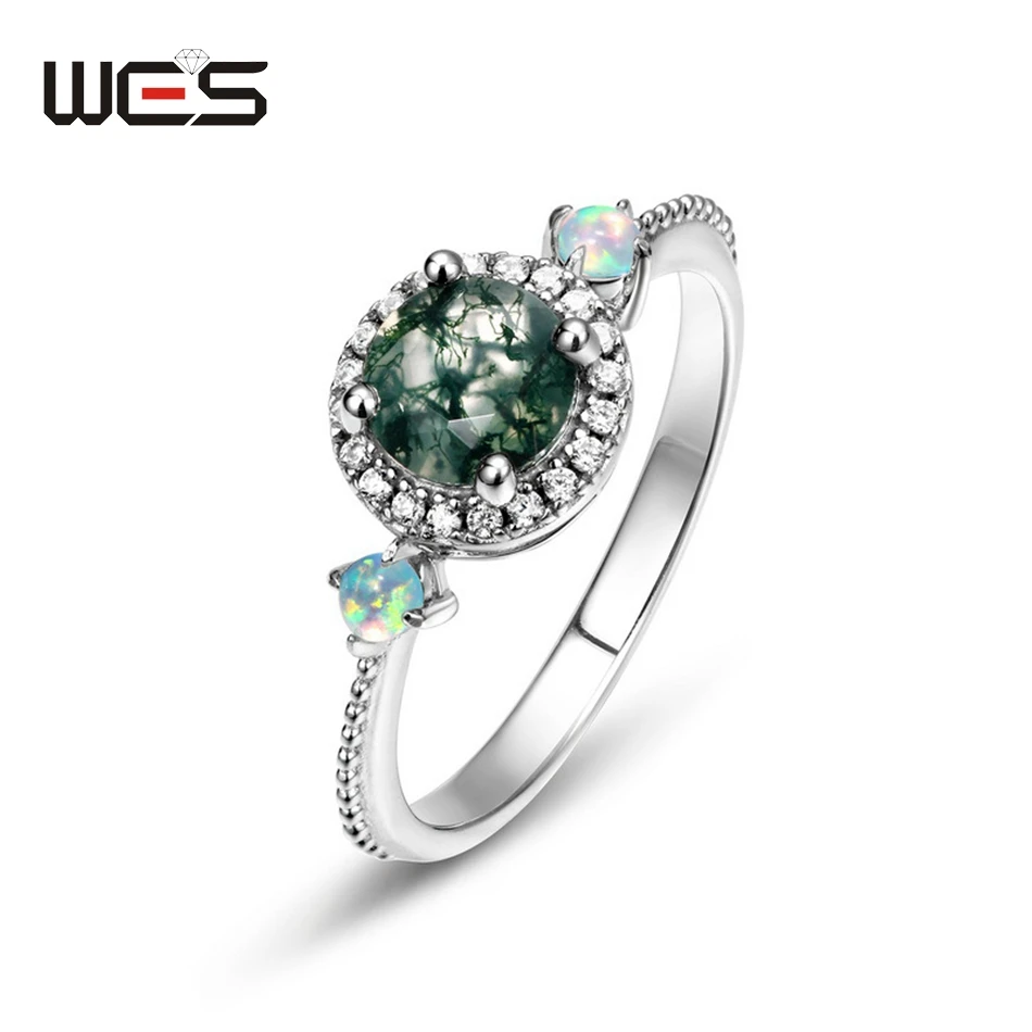 WES 925 Sterling Silver Natural 6*6mm Moss Agate Rings For Woman Anniversary Birthday Gift Fine Jewelry Trendy Elegant