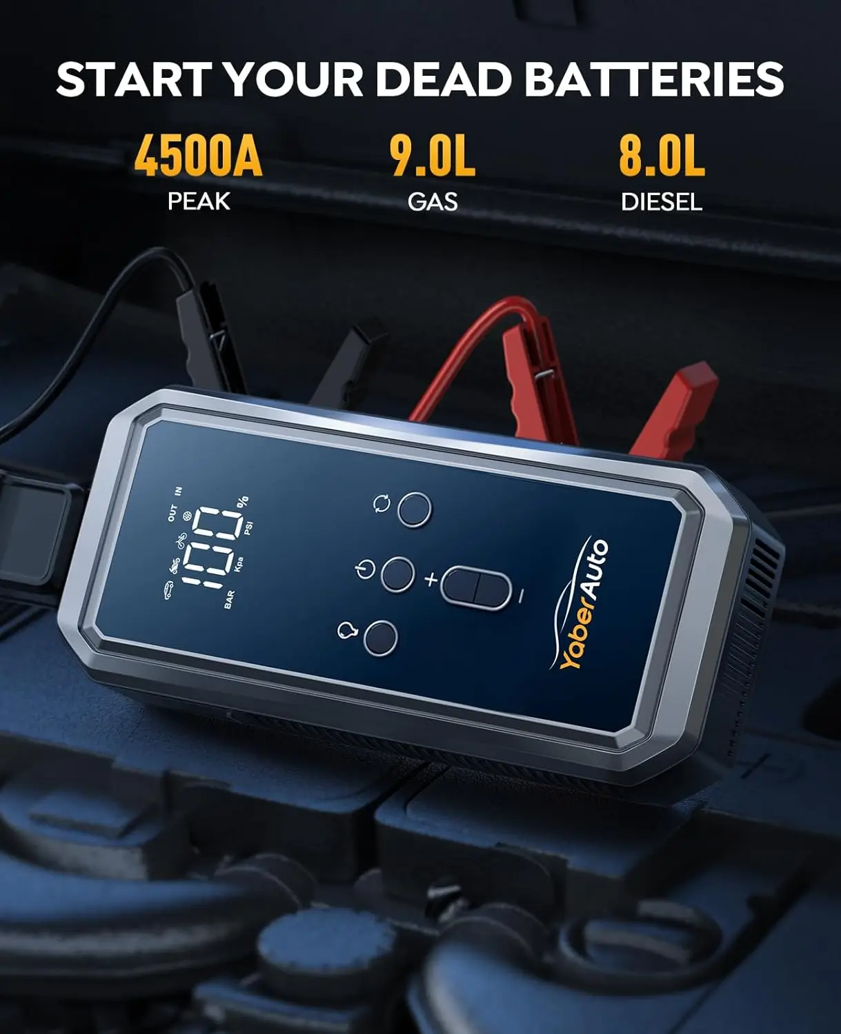 8-in-1 Portable Car Jump Starter with Air Compressor, 150PSI 4500A Car Battery Jump Starter (9.0 Gas/8.0L Diesel) 2