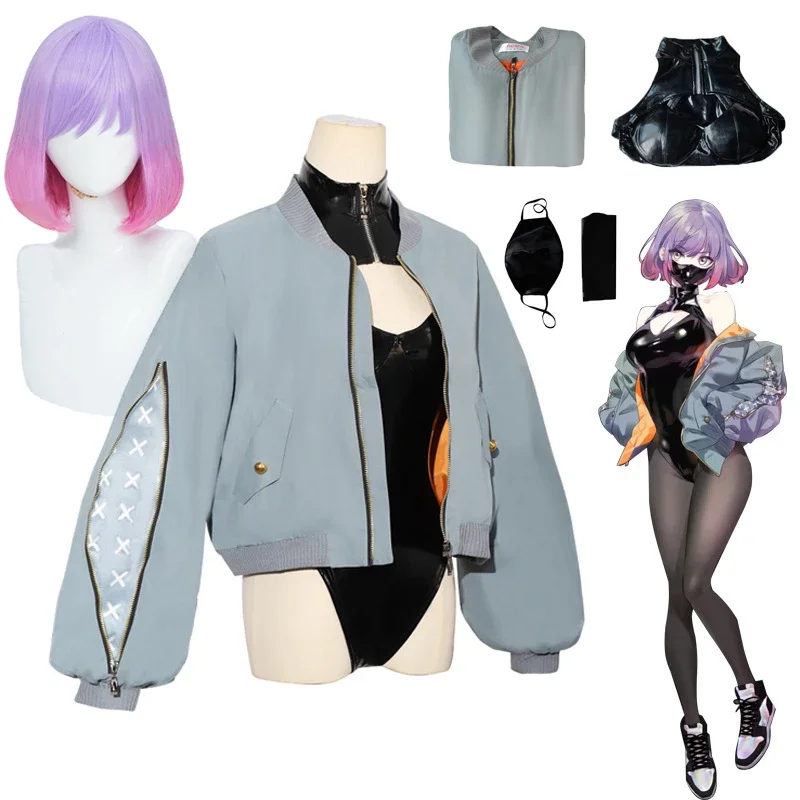 

Luna Cosplay Costumes Sexy Black Pu Leather Bodysuit Coat Daily Clothes Suit Cos Purple Gradient Wig Halloween Costume for Women