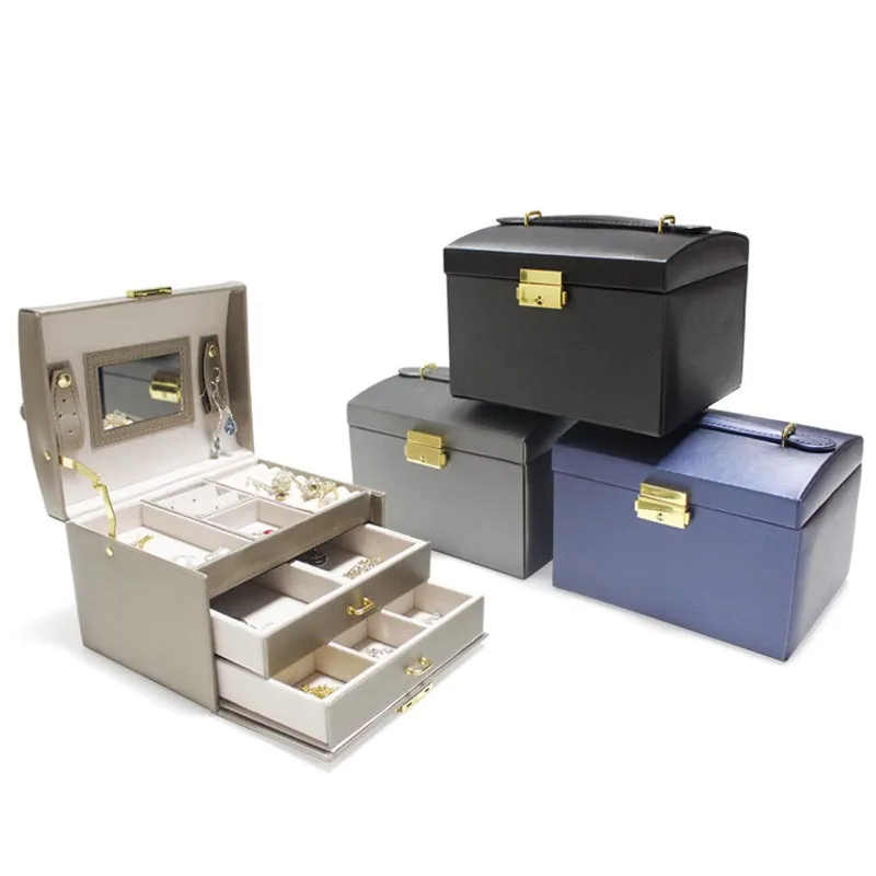 Three-layer Jewelry Box Jewelry Storage Box Hand With Lock Earrings Necklace Ring Storage Box Wooden Home Desktop Storage
