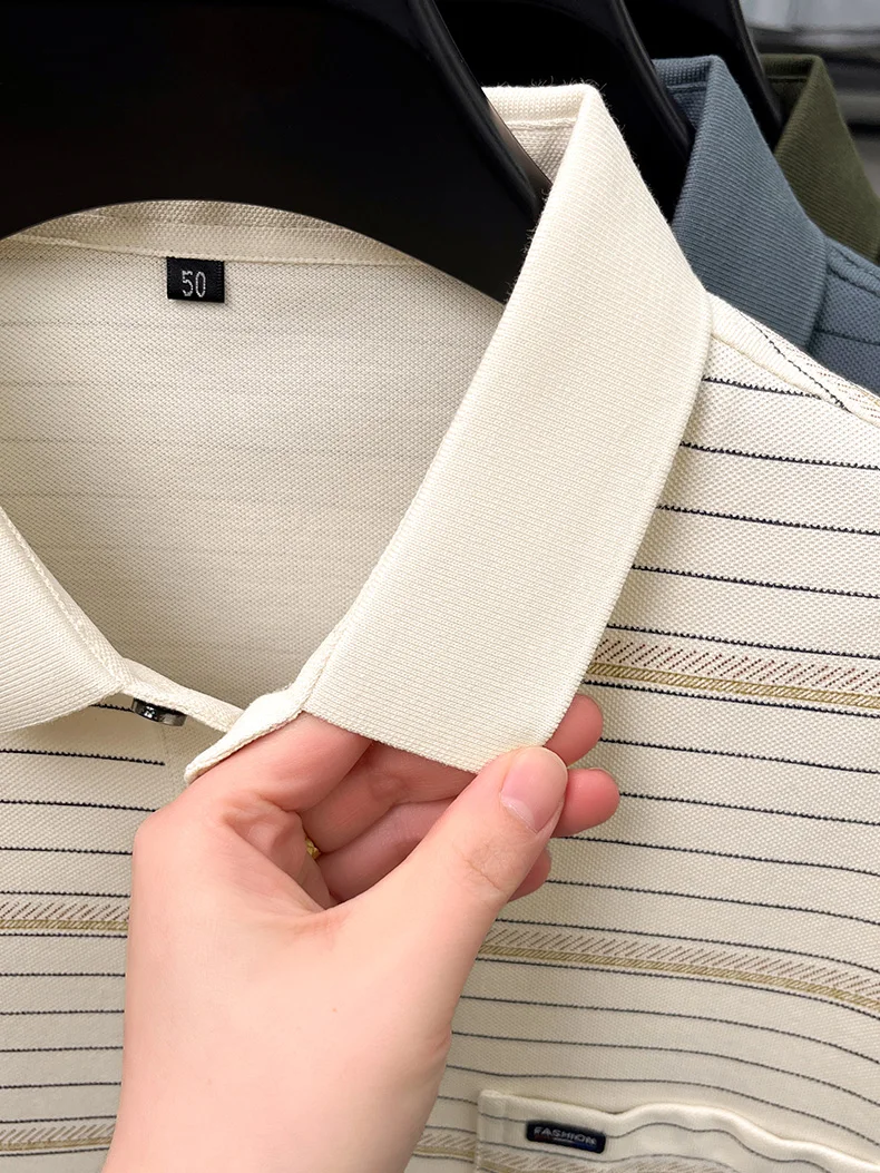 High quality stripe men short sleeve polo shirt light luxury pocket comfort breathable summer silky cotton casual lapel T-shirt 24 S39e7588a6eb644f7a87c37015400ca22E