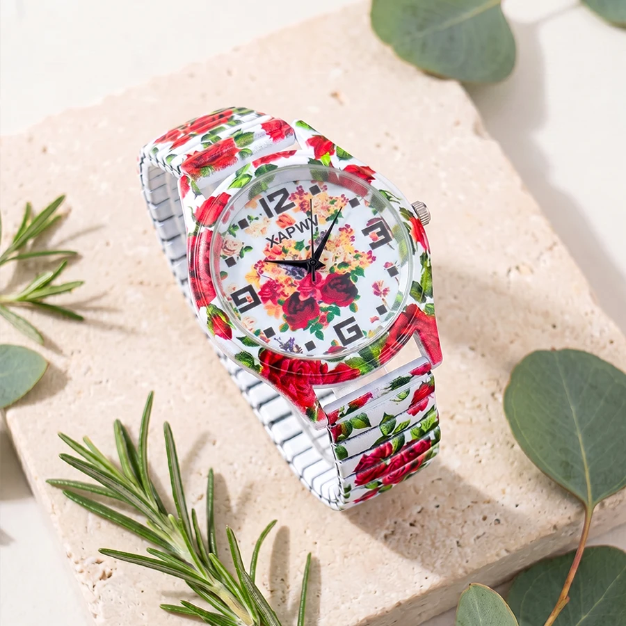 Elegant His and Hers Watch Set with Leaf and Rose Dial Design and Elastic Straps