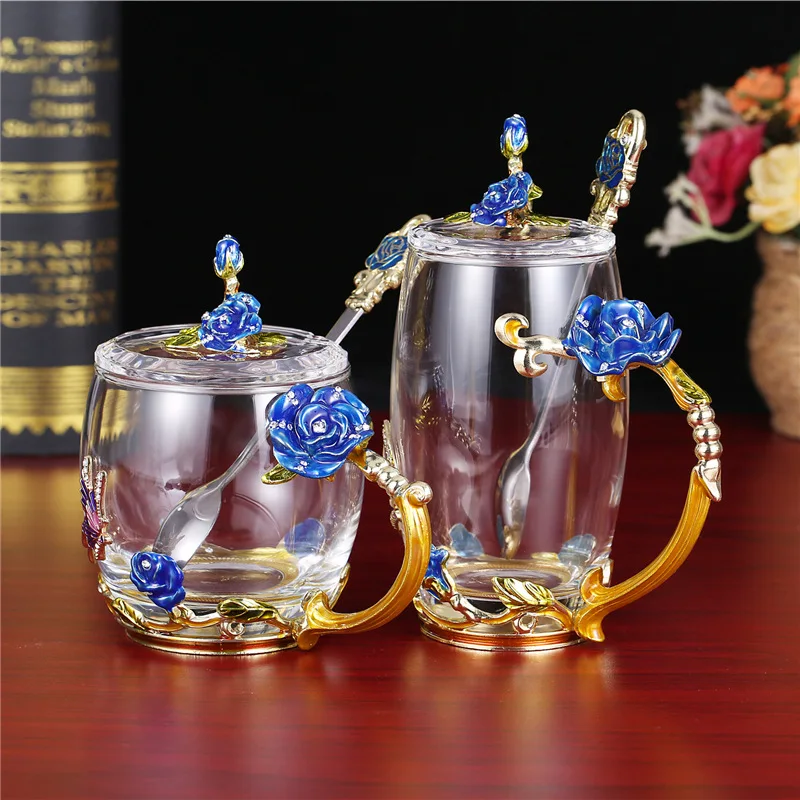 Rose Enamel Crystal Tea Cup With Spoon Elegant Clear Glass - Temu