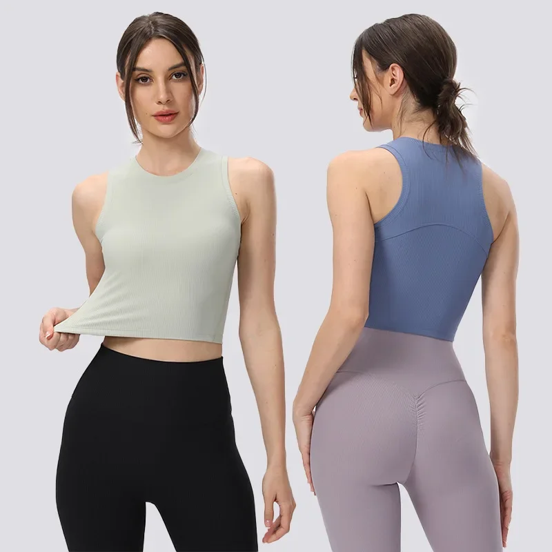 

Lu Lu With Logo Women Ribbed Solid Yoga T-Shirts Fitness Tank Tops Workout Vest Training Sleeveless Gym Sports Tee