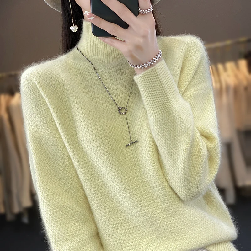 

Lafarvie Turtleneck Mink Cashmere Mock-Neck Sweater Women 2023 Autumn/Winter New 100% Ladies Knitting Loose Pullover Female