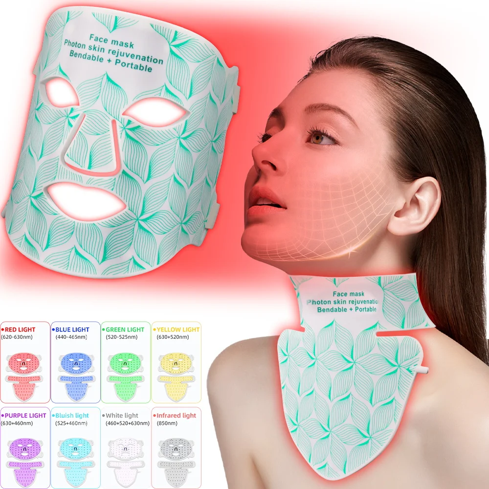 LED Light Therapy Mask 8 Colors Red Near Infrared LED Face Neck Mask for Skin Tightening Acne Treatment Anti-Aging Wrinkles