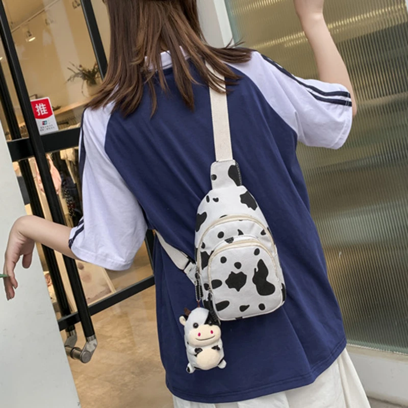 

Women Chest Pack Cute Cow Print Bag Casual Canvas Messenger Bag Print Women Versatile Minimalist Shoulder Bag(no Pendant)